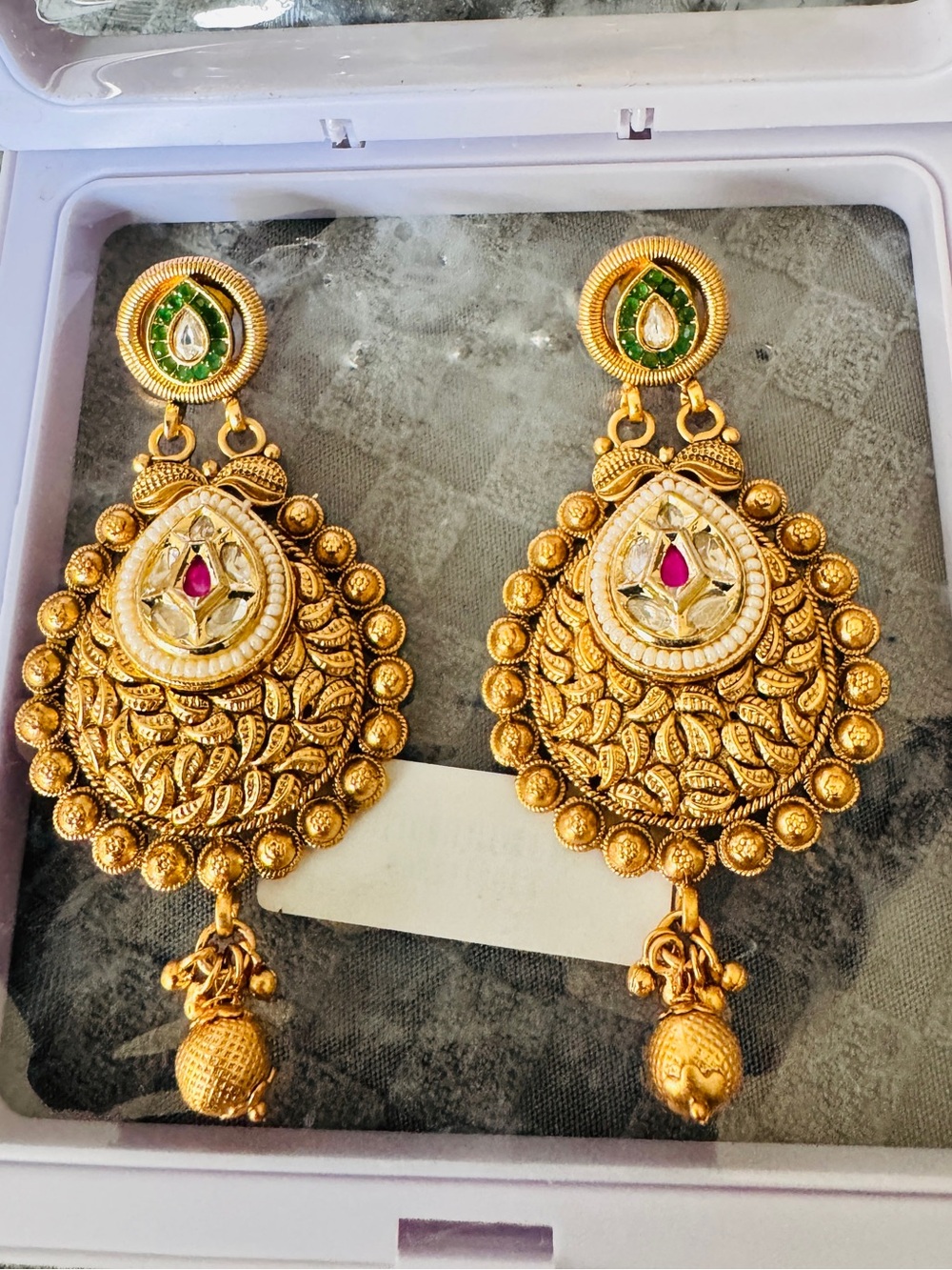 Gold-Tone Traditional Drop Earrings with Pink Accent